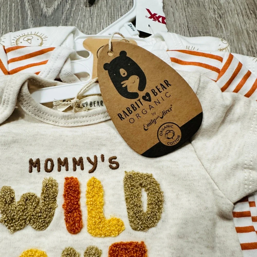 Rabbit + Bear Organic 3 Pack‎ Bodysuits 0-3M Orange White Lion Wild One NWT